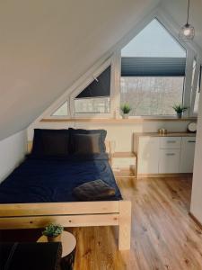 a bedroom with a blue bed in a attic at Domek u Gajka Słajszewo in Słajszewo