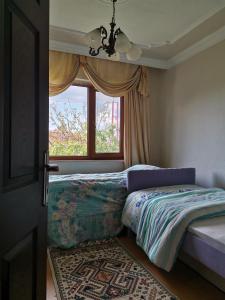 1 dormitorio con cama y ventana en 1915 Çanakkale Köprü manzarali 700m2 bahceli mustakil ev, en Canakkale