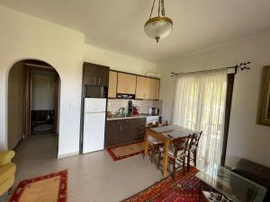una cucina e una sala da pranzo con tavolo e frigorifero di MiTerra Cozy Apartments a Andritsaina