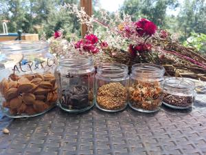 una mesa con tarros llenos de diferentes tipos de alimentos en Quinta da Choupana, en Tomar