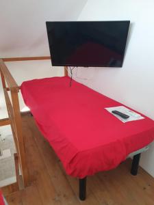 czerwona kanapa z telewizorem z płaskim ekranem na górze w obiekcie SWEET HOME LA CHICCA w mieście Ischia