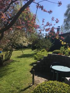 a garden with a table and a table and a tree at Ferienhaus am Neuklostersee in Neukloster