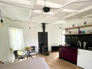 een keuken en een woonkamer met een tafel en stoelen bij Round house in Sigulda