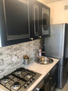 a kitchen with a stove top and a sink at Silene Studio in Craiova