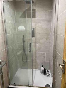 a shower with a glass door in a bathroom at The Dog House in Birkenhead