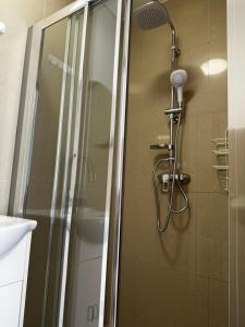 a shower with a shower head in a bathroom at Pokoje goscinne Miedzywodzie in Międzywodzie