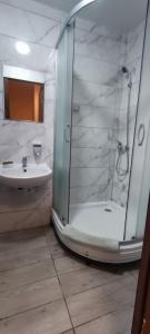a bathroom with a shower and a sink at Harmony on Andrew descent in Kyiv