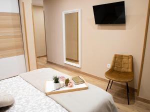 um quarto com uma cama, uma televisão e uma cadeira em Precioso apartamento en el centro de Aviles em Avilés