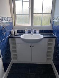 een badkamer met een witte wastafel en 2 ramen bij Meadow View in Hurst