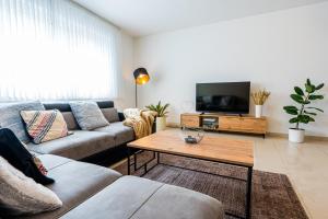 ein Wohnzimmer mit einem Sofa und einem TV in der Unterkunft Golden Design Zentral Office Kitchen Garage in Duisburg