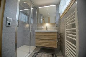 a bathroom with a shower and a sink and a mirror at Ferienhaus Nordic Harmony in Waldkirchen