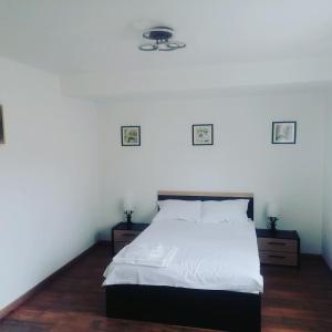 1 dormitorio con 1 cama blanca y 2 mesitas de noche en La bunici, en Baia Mare