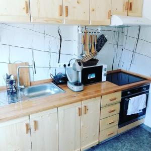 a kitchen counter with a sink and a microwave at La bunici in Baia Mare
