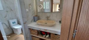a bathroom with a sink and a toilet at Vassiliki Studios in Andros