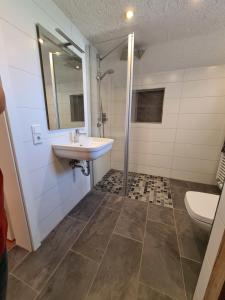 La salle de bains est pourvue d'un lavabo, d'une douche et de toilettes. dans l'établissement Schiefer Huus, à Krummhörn