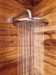 a shower curtain hanging from a wooden wall at Pansion Hukić B&B in Tuzla