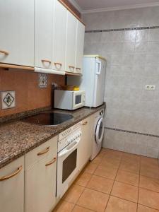 a kitchen with a sink and a microwave at Apartamentos Las Fuentes in Castropol