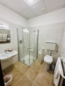 a bathroom with a shower and a toilet and a sink at Hotel Giardino in Follonica