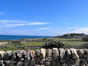 a stone fence with the ocean in the background at Villa Santo Stefano in Monopoli