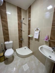 een badkamer met een toilet en een wastafel bij Al-Daar in ‘Ayn Amūn