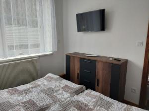 a bedroom with two beds and a tv on the wall at Kopretina in Benešov nad Černou