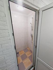 キシナウにあるApartment luxのガラスドア付きのシャワー付きのバスルーム