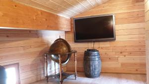 Habitación con TV y pared de madera. en MAURY CAT'STUDIO 66, en Maury