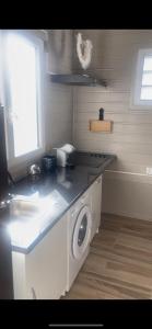 a kitchen with a sink and a washing machine at Bakoua Bungalow - Jacuzzi in Gros-Morne