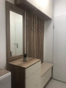 ein Badezimmer mit einem großen Spiegel und einem Waschbecken in der Unterkunft Cozy apartment in Skopje at perfect location in Skopje