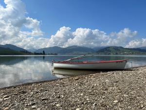 a boat sitting on the shore of a lake at Hermitage Sihlsee in EGG