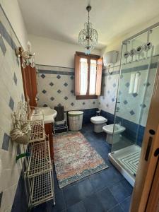 a bathroom with a shower and a sink and a toilet at Country house lu sambignu in San Pasquale
