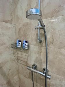 eine Dusche mit Duschkopf im Bad in der Unterkunft Zentrale Wohlfühloase in Wien