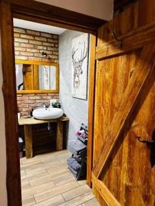 フミエルノにあるKaszubskie Zaciszeのバスルーム(シンク、木製のドア付)