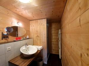 a bathroom with a sink and a wooden wall at Sonja's Michelshof in Sankt Antönien