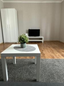 a living room with a table with a potted plant at Sea side apartments in Jūrmala