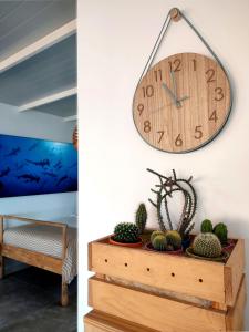 a clock hanging on a wall next to a table with cactus at Ático en Las Canteras in Las Palmas de Gran Canaria