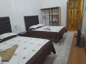 1 dormitorio con 2 camas y TV. en Alisson Hotel y Restaurant, en Monteverde