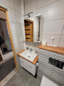a bathroom with a sink and a mirror at Apartament Ślęczka in Zabrze