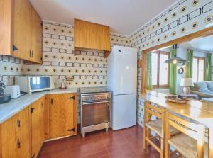 a kitchen with wooden cabinets and a white refrigerator at Casa l'Avet. El Vilar d'Urtx in Escardacs