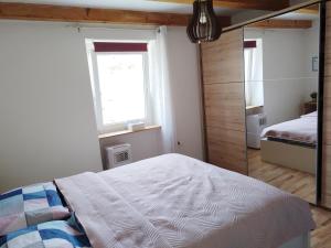 a bedroom with a large bed and a mirror at House Leon in Brtonigla