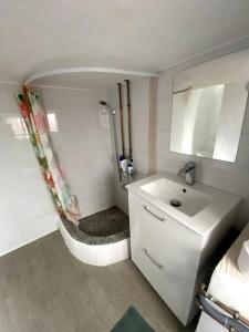baño blanco con ducha y lavamanos en Oasis Álora Naranjos, en Álora