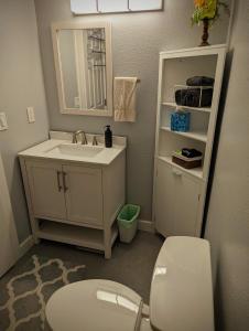 uma casa de banho com um lavatório, um WC e um espelho. em Golden Gate Getaway em Fircrest