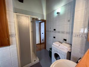 a bathroom with a washing machine and a washer at Al centro e vicina al lago in Farra dʼAlpago +13 photos