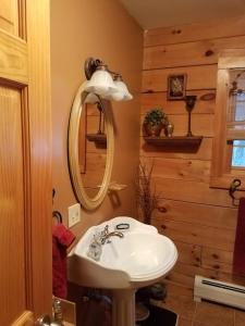 a bathroom with a sink and a mirror at Charming, Quiet, Modern, River Front in Hillsdale