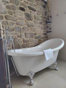 a bath tub in a bathroom with a stone wall at Villa Carmen in András