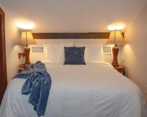 a bedroom with a large white bed with two lamps at Jean Lafitte House in New Orleans