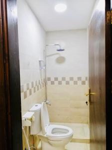 a small bathroom with a toilet and a shower at Petra Olive House in Wadi Musa