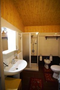 La salle de bains est pourvue d'un lavabo, d'une douche et de toilettes. dans l'établissement Luxury Apartment Golden Dreams, à Reggio de Calabre
