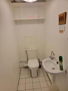 biała łazienka z toaletą i umywalką w obiekcie Le Peupleraie chez l'habitant w mieście Boissy-Saint-Léger +15 zdjęć