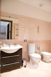 ein Badezimmer mit einem WC, einem Waschbecken und einem Spiegel in der Unterkunft Residence Le stanze dei Visconti in Voltaggio